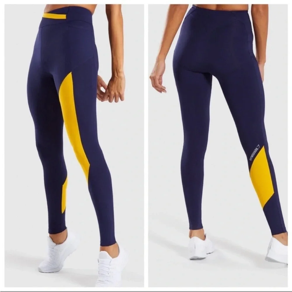 Gymshark Navy Blue Yellow High Rise Asymmetrical Crossover Leggings Size Small
